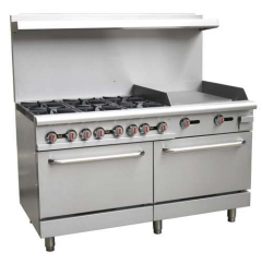 HEAVY DUTY RANGE WITH ELEVATED GRIDDLE/BROILER GAS, 30,000 BTU TOP BURNERS, 24" GRIDDLE